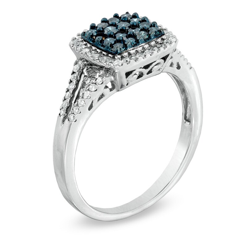 Main Image 2 of 1/2 CT. T.W. Blue and White Diamond Square Frame Ring in 10K White Gold
