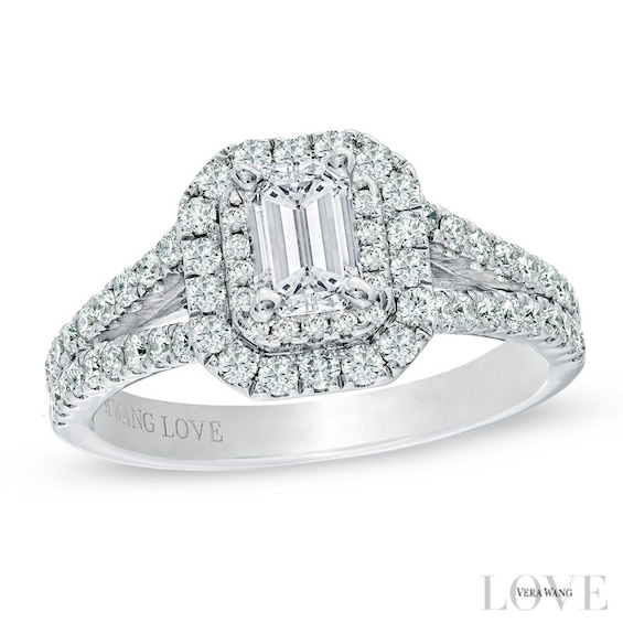 Vera Wang Love Collection 1-1/3 CT. T.w. Emerald-Cut Diamond Split Shank Frame Engagement Ring in 14K White Gold