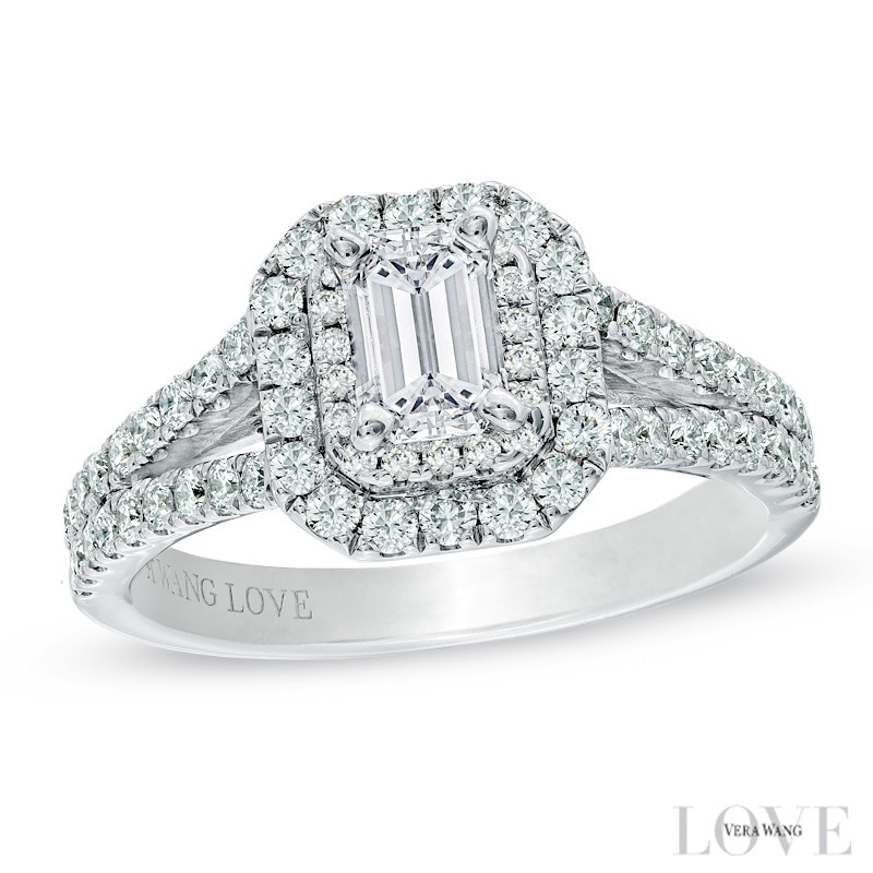 Main Image 1 of Vera Wang Love Collection 1-1/3 CT. T.W. Emerald-Cut Diamond Split Shank Frame Engagement Ring in 14K White Gold