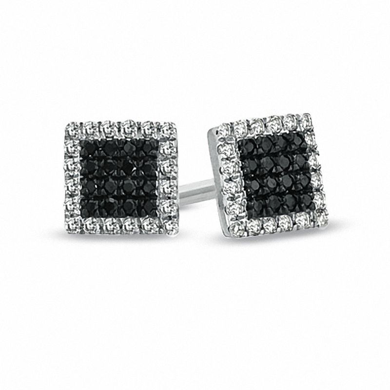 Main Image 1 of 1/8 CT. T.W. Enhanced Black and White Diamond Square Frame Stud Earrings in 10K White Gold