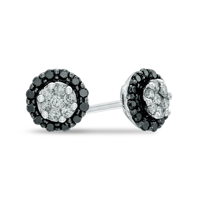 Main Image 1 of 1/4 CT. T.W. Enhanced Black and White Diamond Frame Cluster Stud Earrings in 10K White Gold