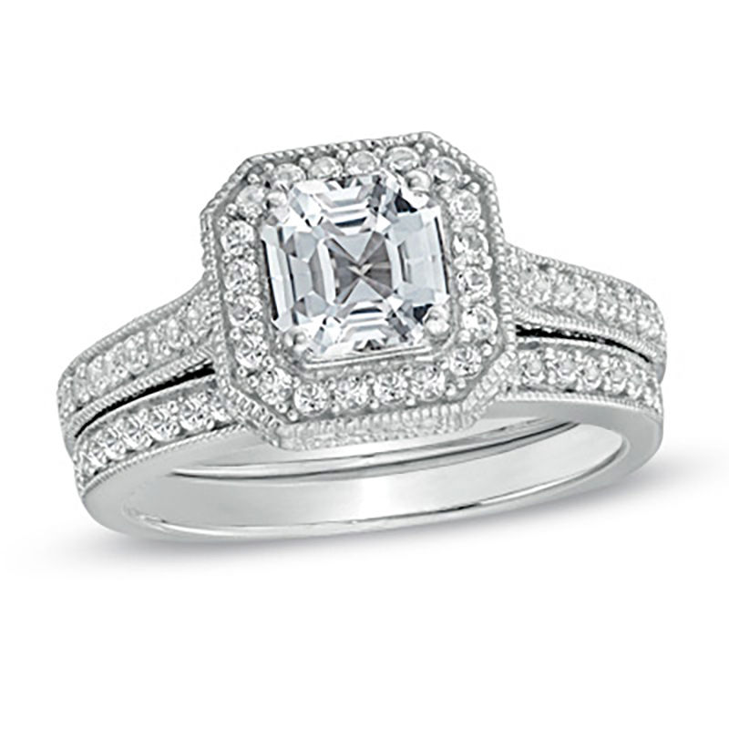 Main Image 1 of 6.0mm Asscher-Cut Lab-Created White Sapphire Bridal Set in Sterling Silver