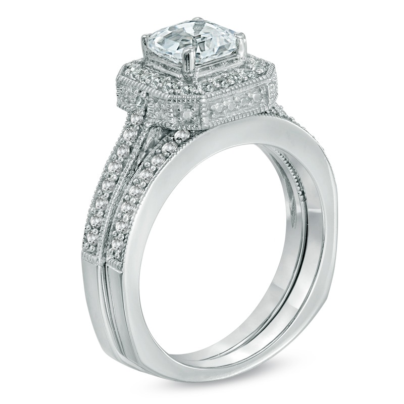 6.0mm Asscher-Cut Lab-Created White Sapphire Bridal Set in Sterling Silver