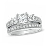 Thumbnail Image 0 of Princess-Cut White Lab-Created Sapphire Three Stone Vintage-Style Bridal Set in Sterling Silver