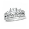 Thumbnail Image 1 of Princess-Cut White Lab-Created Sapphire Three Stone Vintage-Style Bridal Set in Sterling Silver