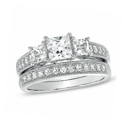 Princess-Cut Lab-Created White Sapphire Three Stone Vintage-Style Bridal Set in Sterling Silver