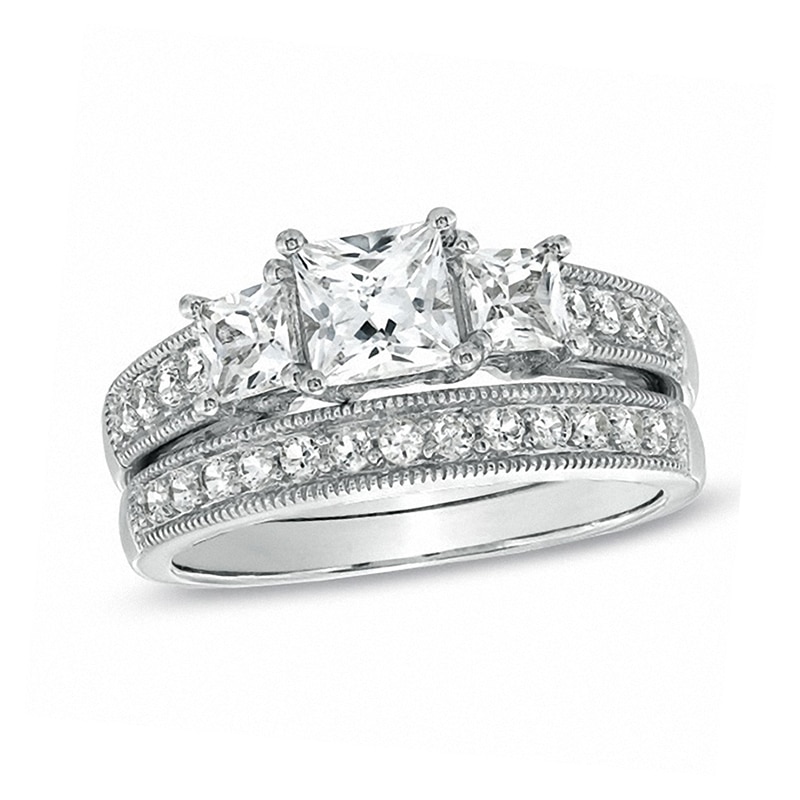 Princess-Cut White Lab-Created Sapphire Three Stone Vintage-Style Bridal Set in Sterling Silver