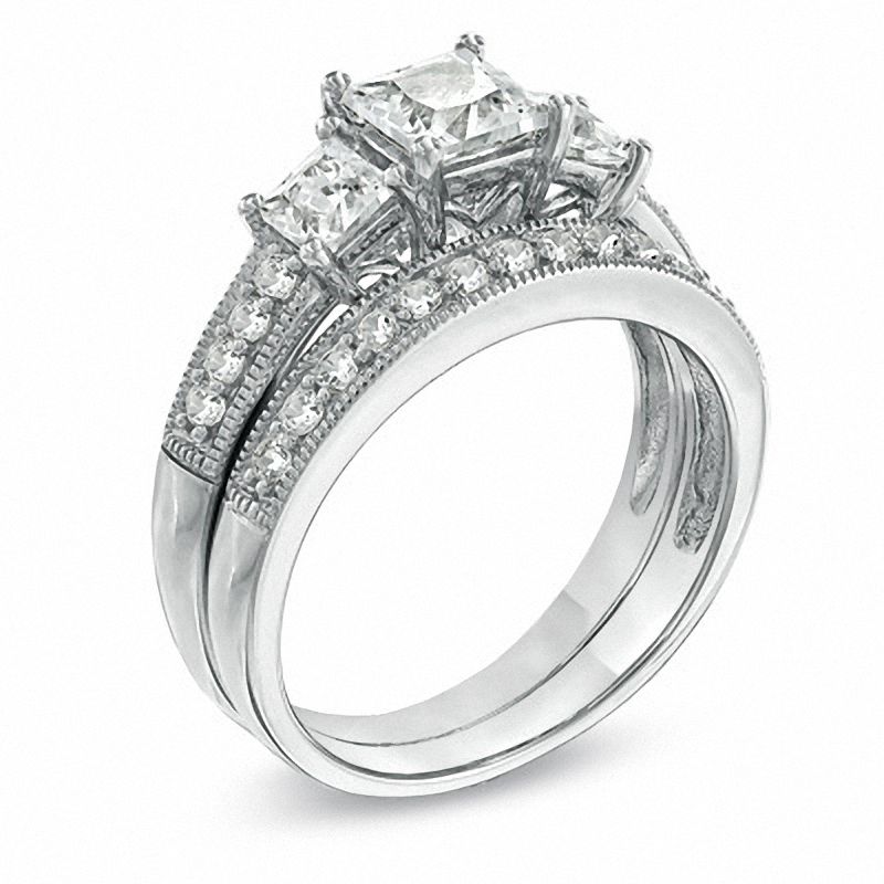 Princess-Cut White Lab-Created Sapphire Three Stone Vintage-Style Bridal Set in Sterling Silver