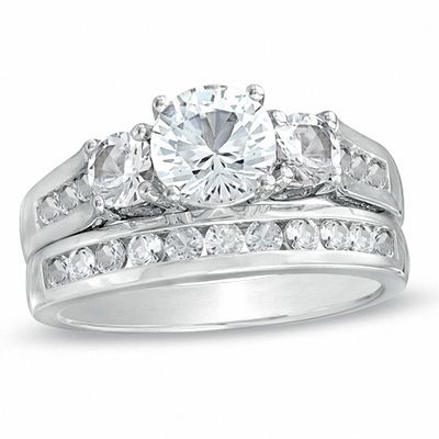 Ladies Sterling Silver Tri-Stone Solitaire Lab Diamond Bridal Engagement Ring 