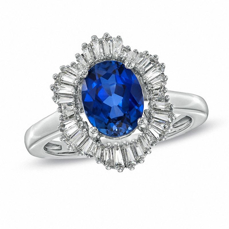 Main Image 1 of Oval Lab-Created Blue and White Sapphire Ring in Sterling Silver