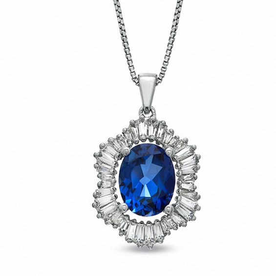 Oval Lab-Created Blue and White Sapphire Pendant in Sterling Silver