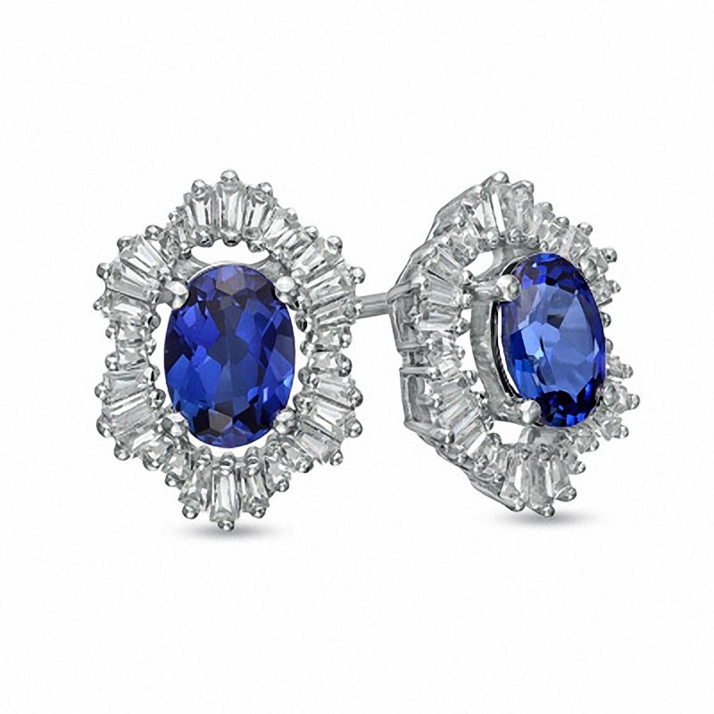 Main Image 1 of Oval Lab-Created Blue and White Sapphire Stud Earrings in Sterling Silver