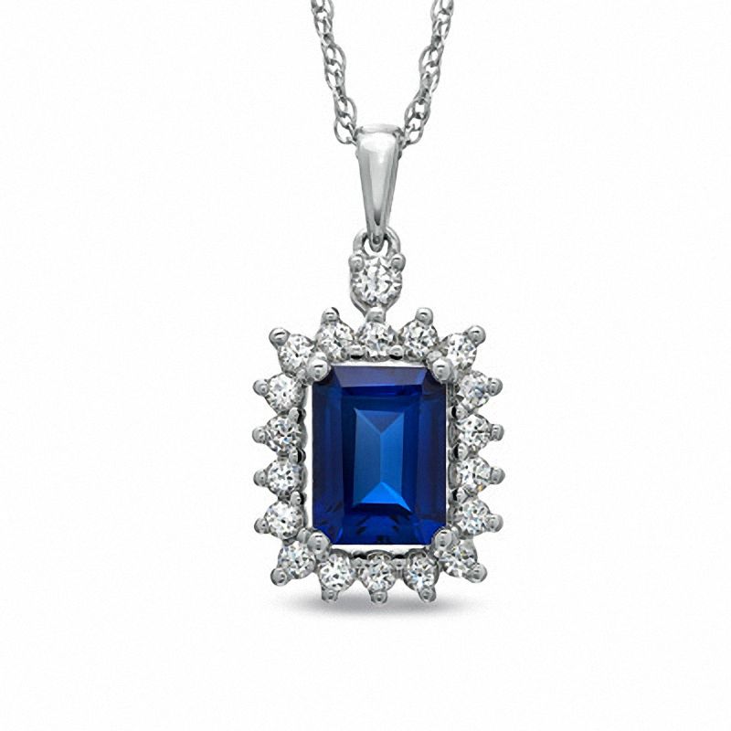 Main Image 1 of Emerald-Cut Lab-Created Blue and White Sapphire Pendant in Sterling Silver