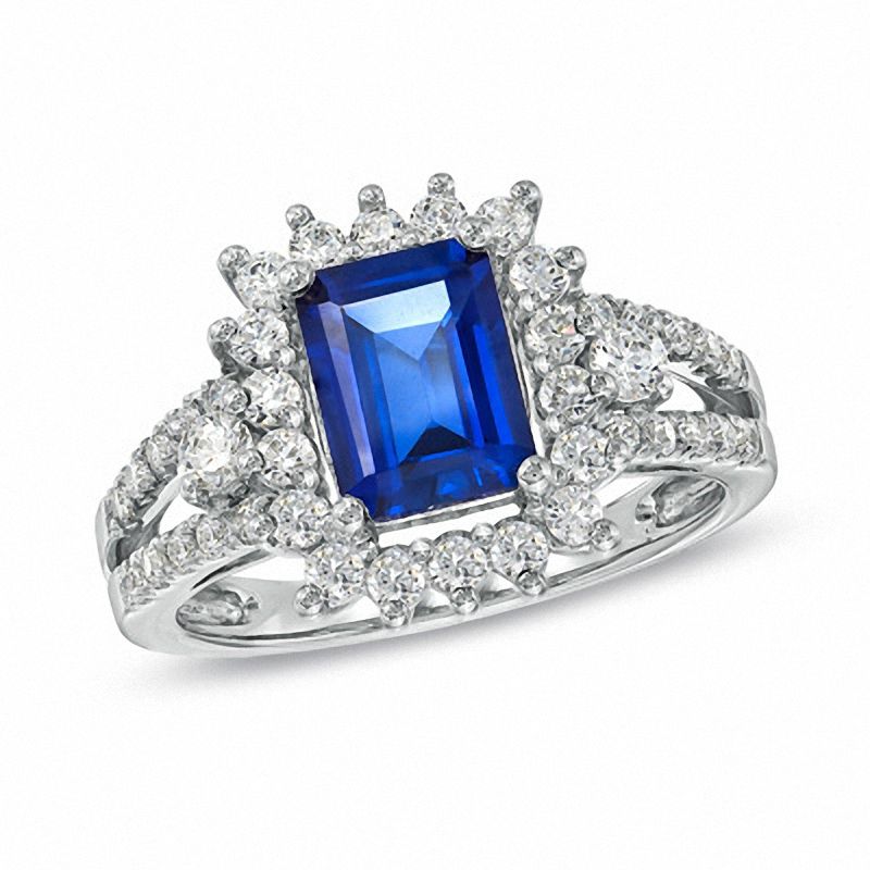 Main Image 1 of Emerald-Cut Lab-Created Blue and White Sapphire Ring in Sterling Silver