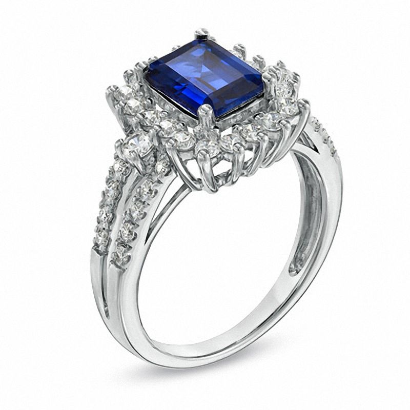 Main Image 2 of Emerald-Cut Lab-Created Blue and White Sapphire Ring in Sterling Silver