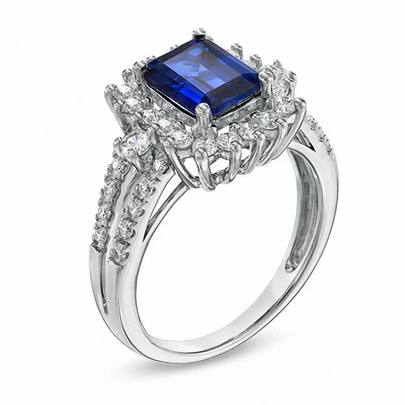 Emerald-Cut Lab-Created Blue and White Sapphire Ring in Sterling Silver