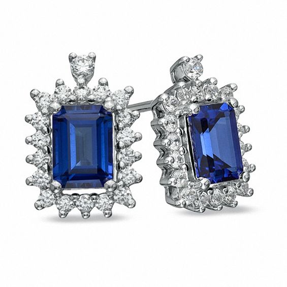 Emerald-Cut Lab-Created Blue and White Sapphire Stud Earrings in Sterling Silver
