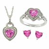 Thumbnail Image 1 of Heart-Shaped Lab-Created Pink and White Sapphire Pendant, Ring and Earrings Set in Sterling Silver - Size 7
