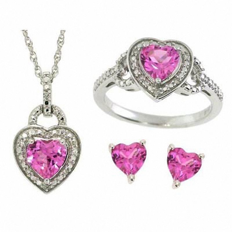 Main Image 1 of Heart-Shaped Lab-Created Pink and White Sapphire Pendant, Ring and Earrings Set in Sterling Silver - Size 7