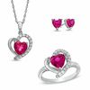 Thumbnail Image 0 of Heart-Shaped Lab-Created Ruby and White Sapphire Pendant, Ring and Earrings Set in Sterling Silver - Size 7