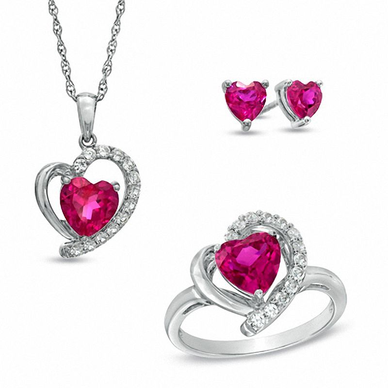 Main Image 1 of Heart-Shaped Lab-Created Ruby and White Sapphire Pendant, Ring and Earrings Set in Sterling Silver - Size 7