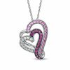 Thumbnail Image 1 of Lab-Created Pink Sapphire, White Sapphire and Ruby Double Heart Pendant in Sterling Silver