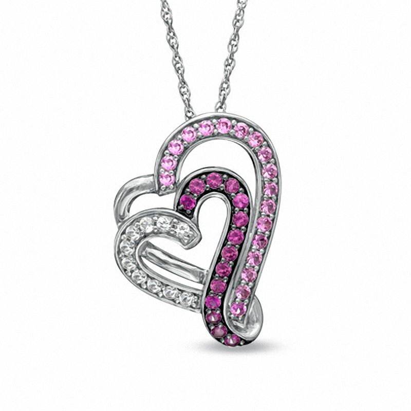 Main Image 1 of Lab-Created Pink Sapphire, White Sapphire and Ruby Double Heart Pendant in Sterling Silver