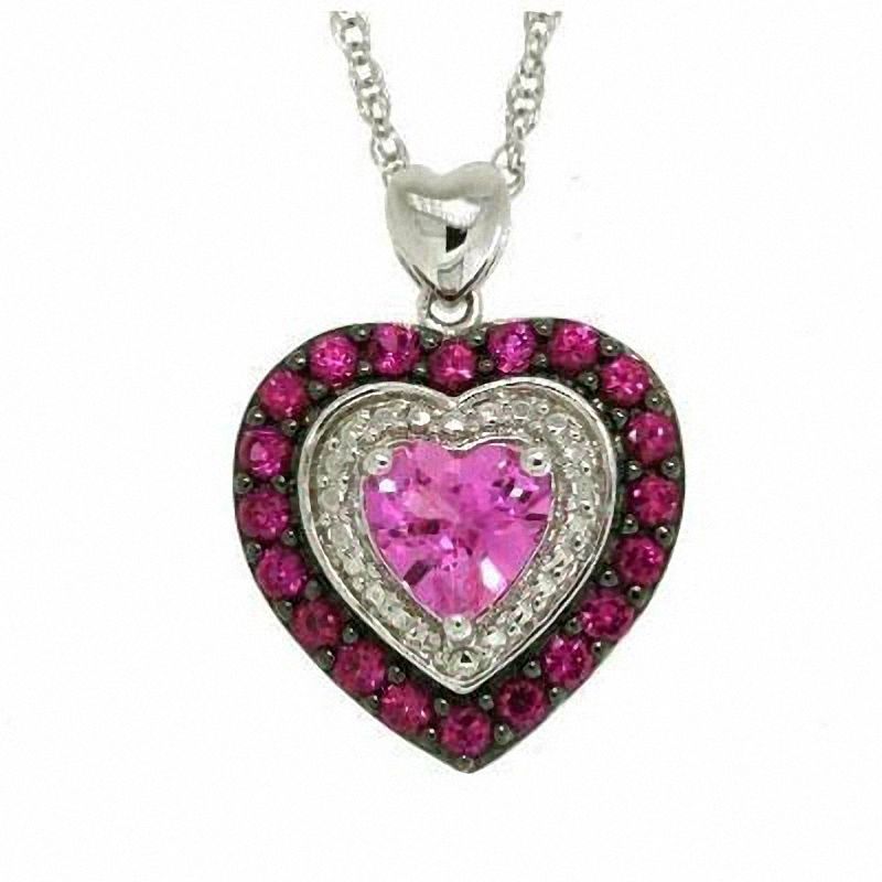 Main Image 1 of 6.0mm Heart-Shaped Lab-Created Pink Sapphire and Ruby Frame Heart Pendant in Sterling Silver