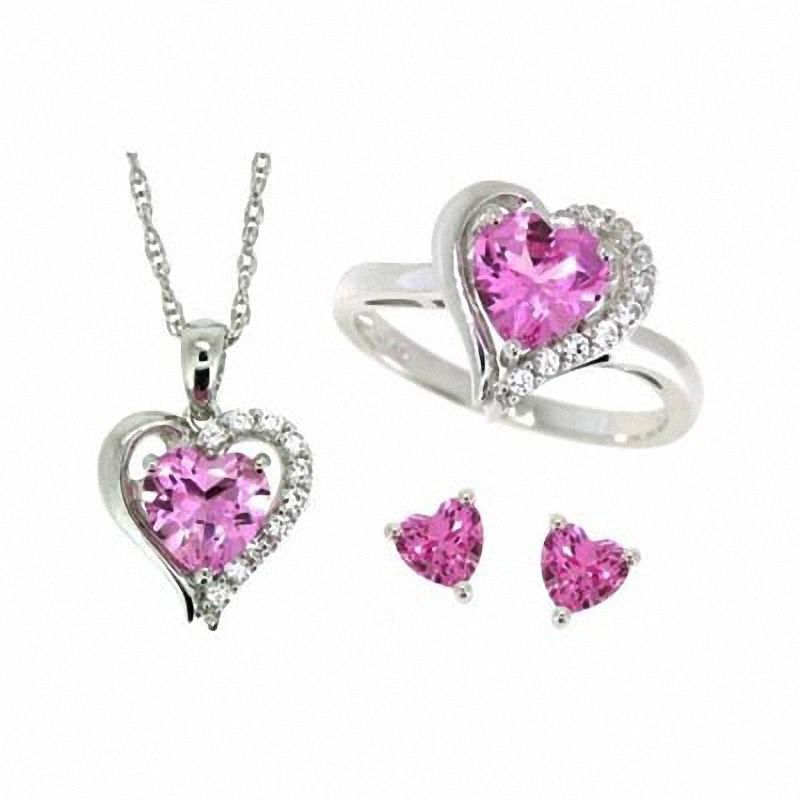 Main Image 1 of Heart-Shaped Lab-Created Pink and White Sapphire Pendant, Ring and Earrings Set in Sterling Silver - Size 7