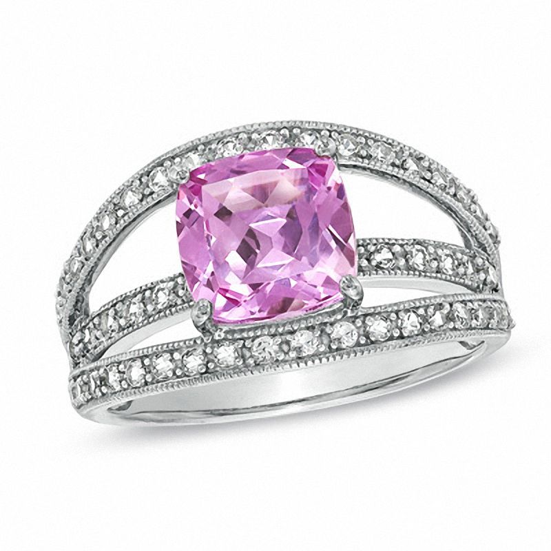 Main Image 1 of 8.0mm Cushion-Cut Lab-Created Pink and White Sapphire Ring in Sterling Silver