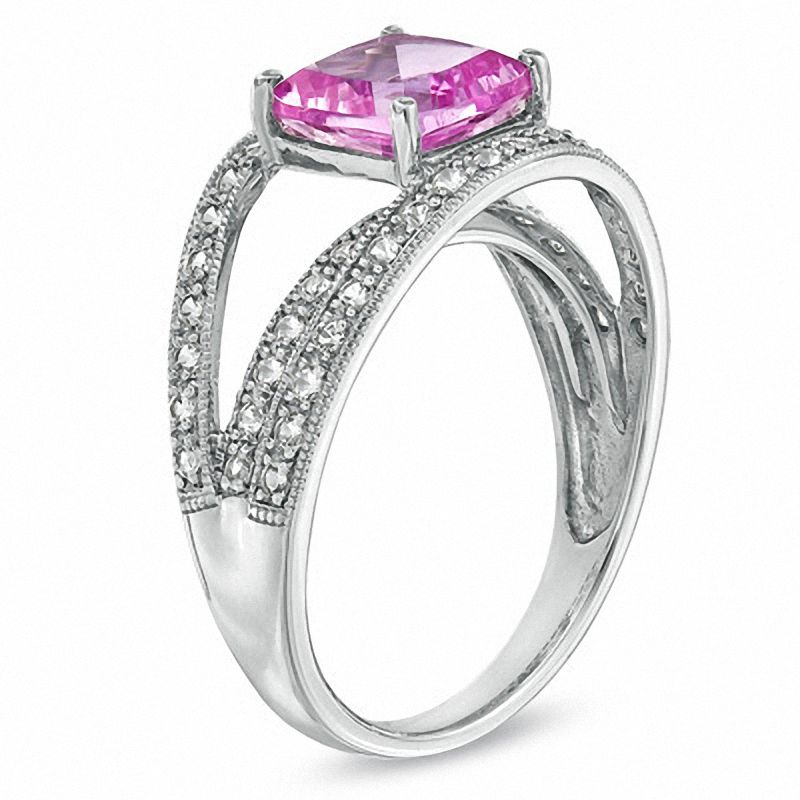 Main Image 2 of 8.0mm Cushion-Cut Lab-Created Pink and White Sapphire Ring in Sterling Silver