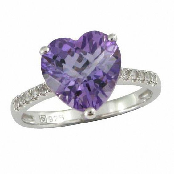 10.0mm Heart-Shaped Amethyst and Lab-Created White Sapphire Ring in Sterling Silver