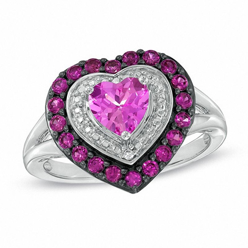Main Image 1 of 6.0mm Heart-Shaped Lab-Created Pink Sapphire and Ruby Frame Heart Ring in Sterling Silver with Diamond Accents