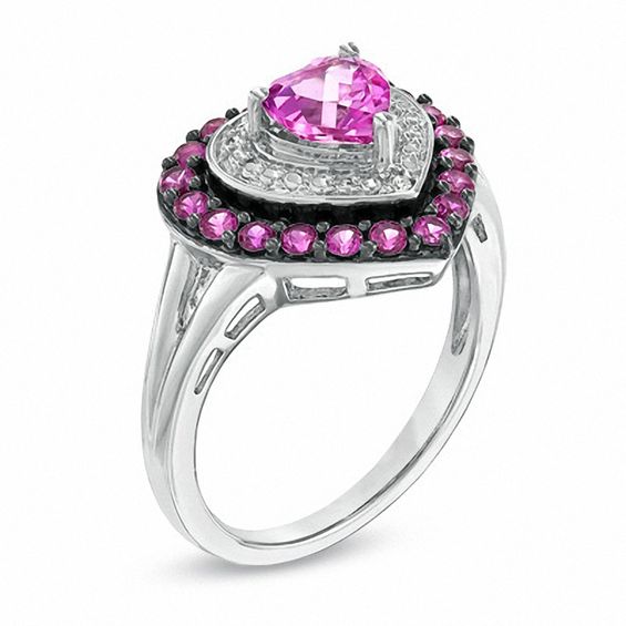6.0mm Heart-Shaped Lab-Created Pink Sapphire and Ruby Frame Heart Ring in Sterling Silver with Diamond Accents
