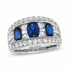 Thumbnail Image 1 of Oval Lab-Created Blue and White Sapphire Three Stone Ring in Sterling Silver