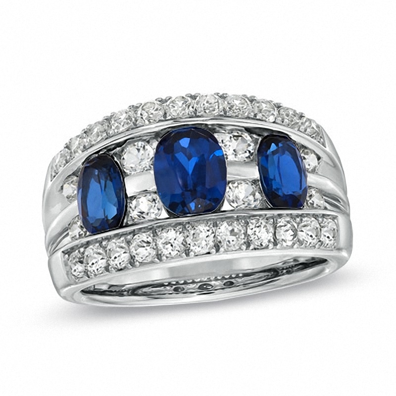 Main Image 1 of Oval Lab-Created Blue and White Sapphire Three Stone Ring in Sterling Silver
