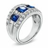Thumbnail Image 2 of Oval Lab-Created Blue and White Sapphire Three Stone Ring in Sterling Silver