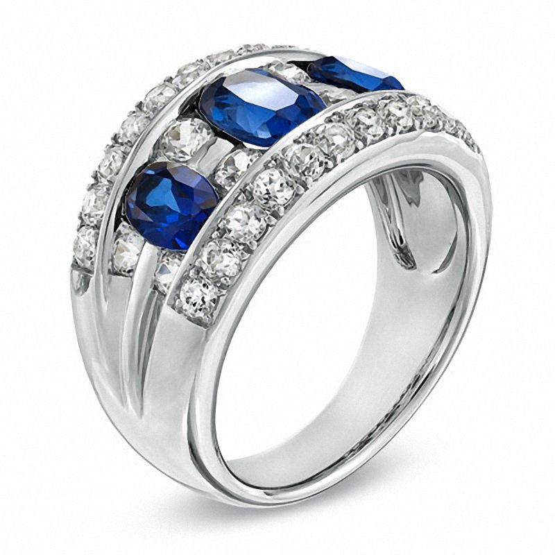 Main Image 2 of Oval Lab-Created Blue and White Sapphire Three Stone Ring in Sterling Silver