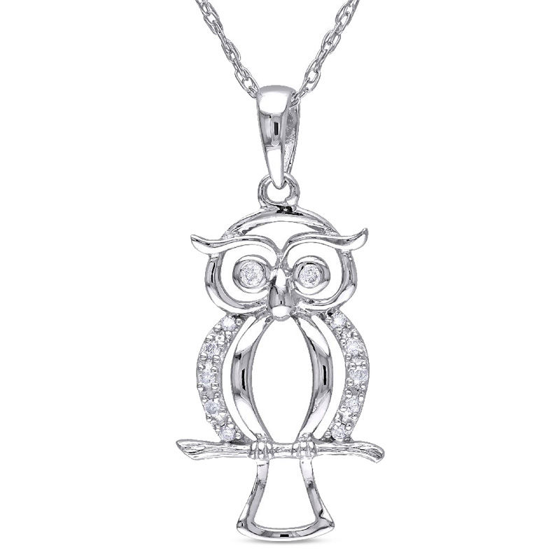 Diamond Accent Owl Pendant in 10K White Gold - 17"