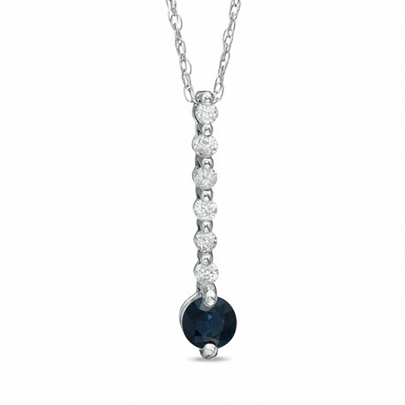 Main Image 1 of 4.0mm Blue Sapphire and 1/10 CT. T.W. Diamond Line Drop Pendant in 10K White Gold