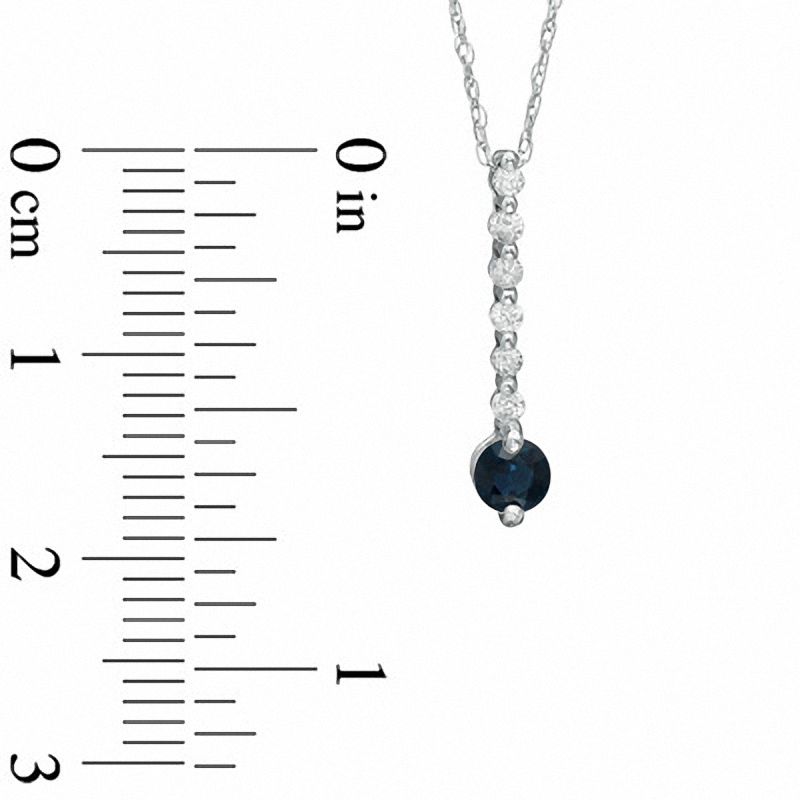 Main Image 2 of 4.0mm Blue Sapphire and 1/10 CT. T.W. Diamond Line Drop Pendant in 10K White Gold
