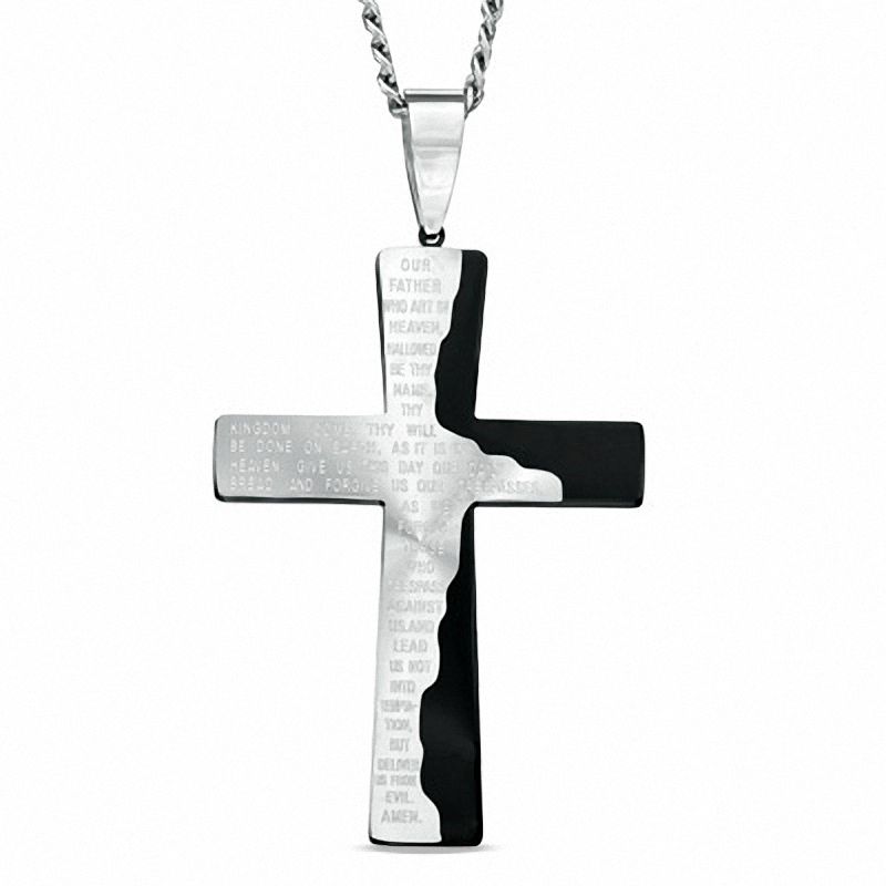 Men's Lord's Prayer Tablet Cross Pendant in Stainless Steel with Black IP - 24"