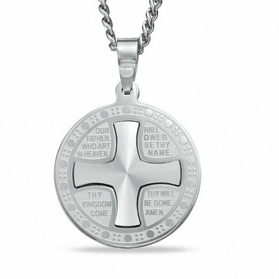 Men's Lord's Prayer Round Cross Pendant in Stainless Steel - 24"