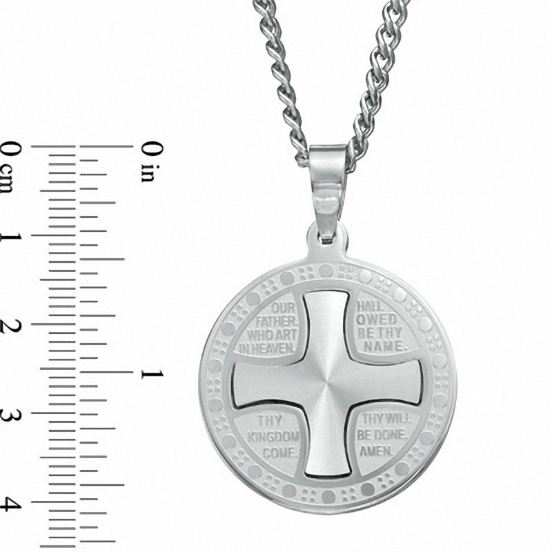 Men's Lord's Prayer Round Cross Pendant in Stainless Steel - 24"