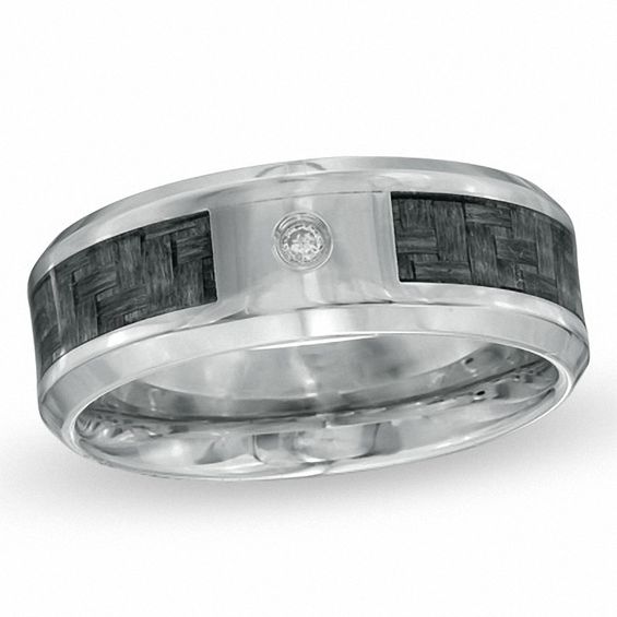 9.0mm Diamond Accent Solitaire Comfort Fit Wedding Band in Stainless Steel and Grey Carbon Fiber
