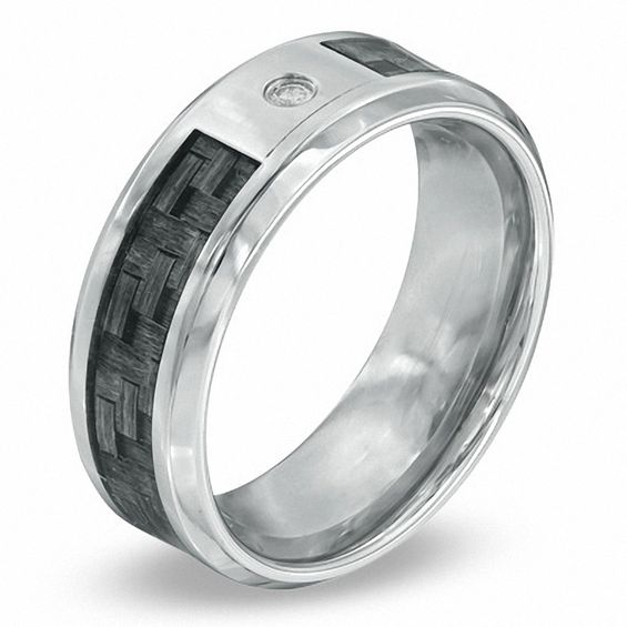 9.0mm Diamond Accent Solitaire Comfort Fit Wedding Band in Stainless Steel and Grey Carbon Fiber