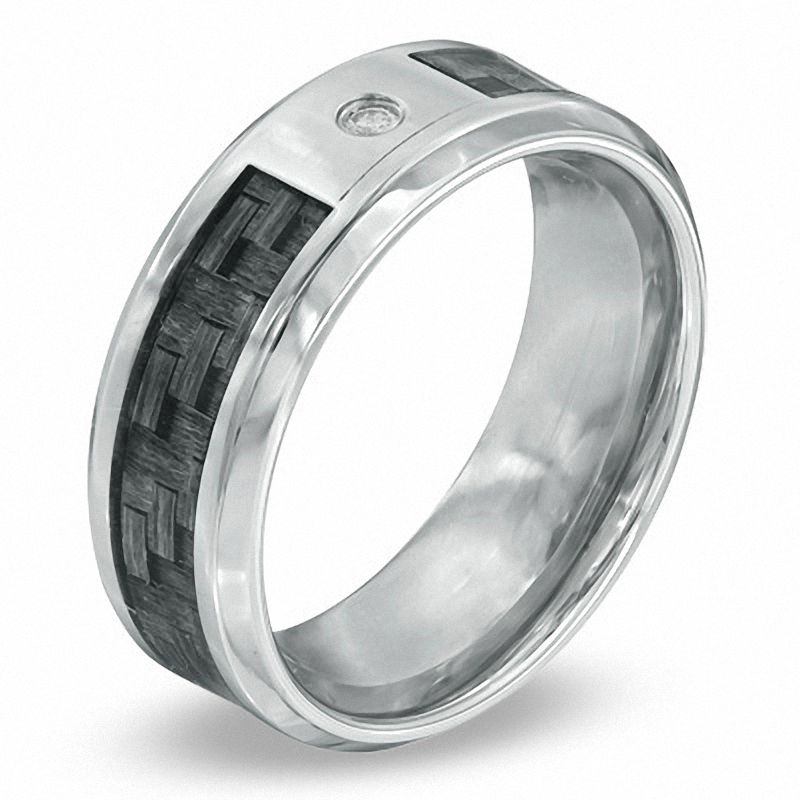 Men's 9.0mm Diamond Accent Solitaire Comfort Fit Wedding Band in Stainless Steel and Grey Carbon Fiber