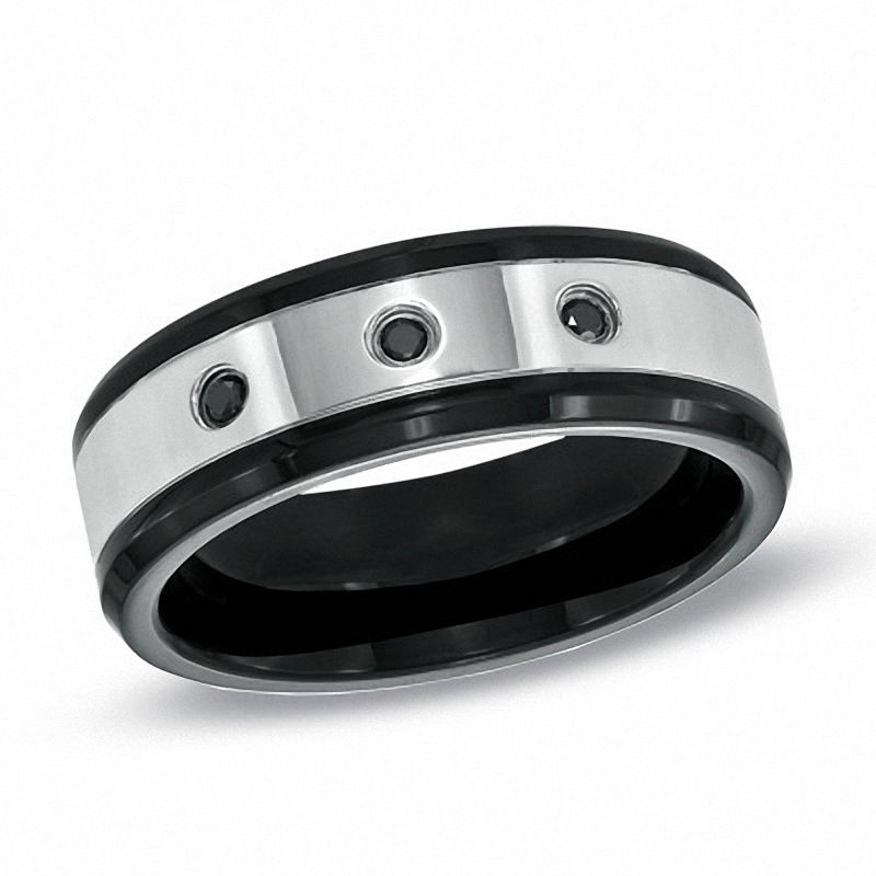 Men's 1/10 CT. T.W. Black Diamond Comfort Fit Wedding Band in Two-Tone Stainless Steel