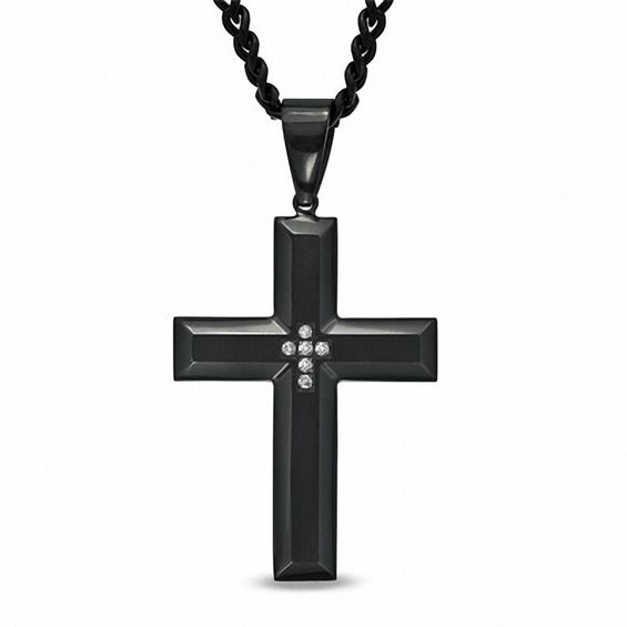 Men's Diamond Accent Cross Pendant in Black IP Stainless Steel - 24"