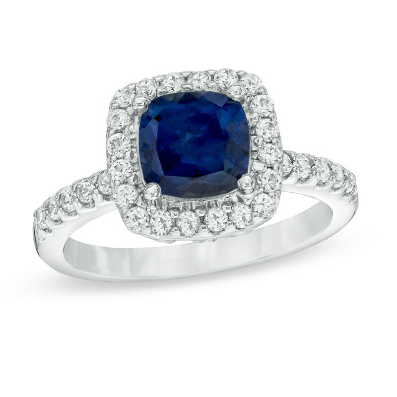 7.0mm Cushion-Cut Lab-Created Blue and White Sapphire Frame Ring in ...